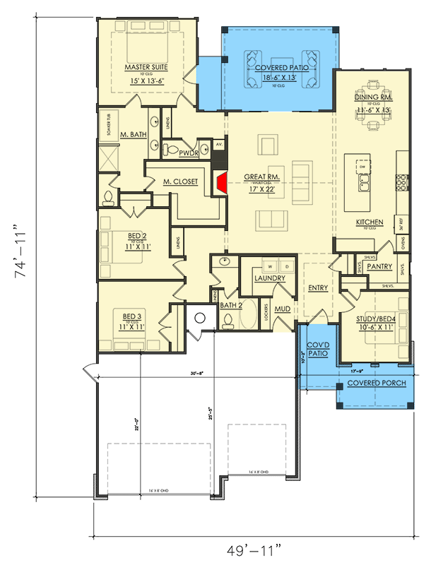 Plan 421555CHD: Craftsman Style Cottage with Home Office and 3 Car Garage - 2097 Sq Ft - Floor Plan - Main Level - Cottage, Craftsman, Traditional