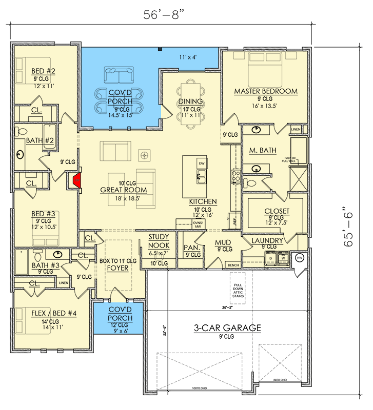 Plan 421556CHD: 3 Bed Mid-Century Modern House Plan with Open Concept Living and Covered Outdoor Space - 2422 Sq Ft - Floor Plan - Main Level - Contemporary, Mid Century Modern, Northwest, Transitional