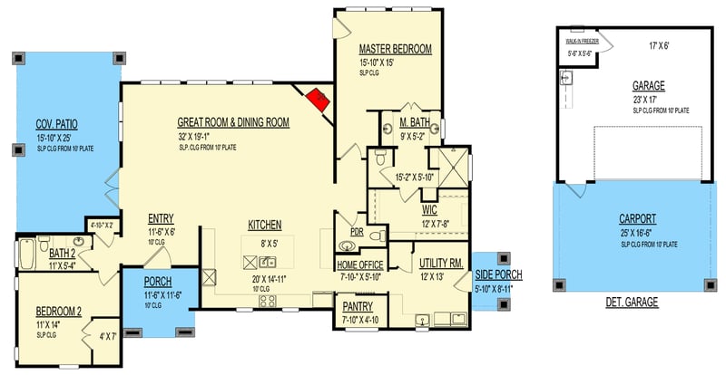 Plan 264128KMD: 2 Bedroom Mid Century Modern House Plan with Detached Garage with Carport - 2477 Sq Ft - Floor Plan - Main Level - Mid Century Modern, Ranch