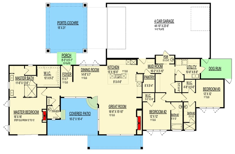 Plan 264129KMD: Mid-Century Modern House Plan with Private Master Suite and 4-Car Garage - 2479 Sq Ft - Floor Plan - Main Level - Contemporary, Mid Century Modern, Modern