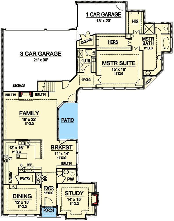Plan 36239TX: 3-Bed House Plan with Parking for 4 Cars in Back - Floor Plan - Main Level - European, Traditional