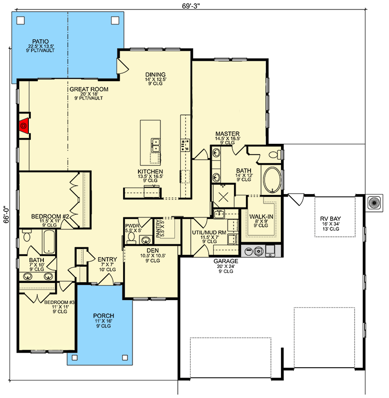 Plan 580099DFT: 3-Bed Craftsman Ranch House Plan with Vaulted Great Room and RV Garage - 2342 Sq Ft - Floor Plan - Main Level - Country, Craftsman, Ranch, Traditional