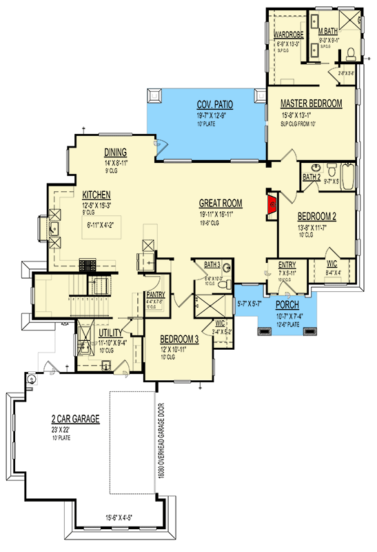 Plan 264138KMD: Modern House Plan with Upstairs Study Overlooking Great Room Below - 2596 Sq Ft - Floor Plan - Main Level - Contemporary, Mid Century Modern, Modern