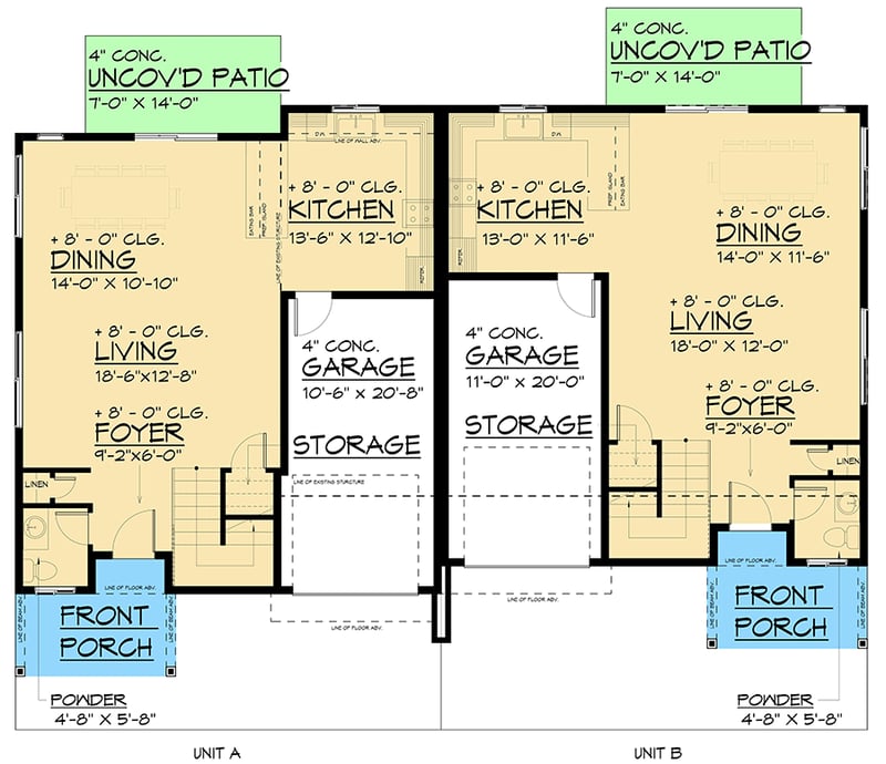 Plan 666268RAF: Contemporary Modern Duplex Home Plan with 3 Bed Units Under 1800 Sq Ft - Floor Plan - Main Level - Contemporary, Modern, Northwest