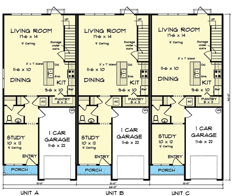 Plan 52354WM: Two-Story Traditional Triplex House Plan with 3 Bed Units - 1853 Sq Ft Each - Floor Plan - Main Level - Cottage, Country, Traditional