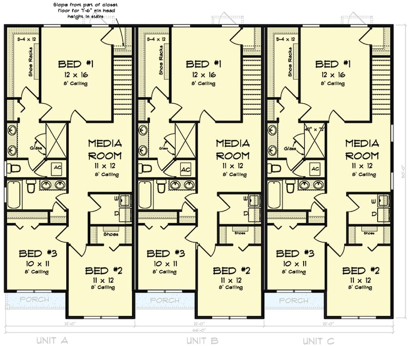 Plan 52354WM: Two-Story Traditional Triplex House Plan with 3 Bed Units - 1853 Sq Ft Each - Floor Plan - 2nd Floor - Cottage, Country, Traditional