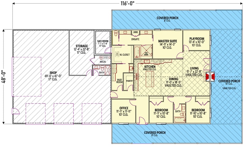 Plan 400022FTY: 3-Bed Barndominium Home Plan with Wrap Around Porch and Playroom - 2423 Sq Ft - Floor Plan - Main Level - Barndominium, Country, Farmhouse, New American, Rustic