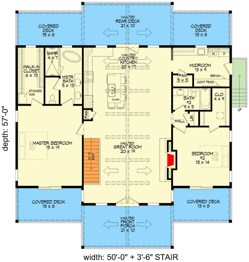 Plan 680332VR: 2-Bed Lake House Plan Perfect for a Rear Sloping Lot - 1735 Sq Ft - Floor Plan - Main Level - Country, Mountain