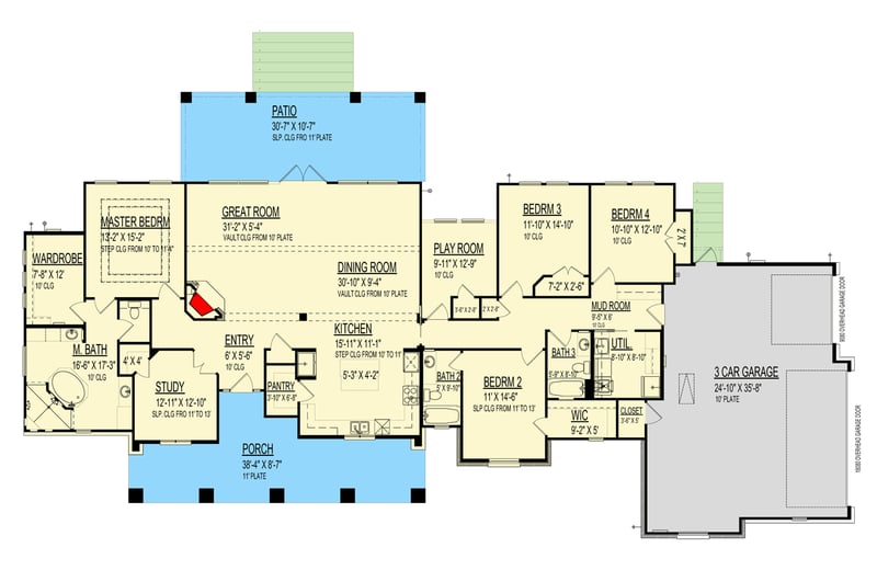 Plan 264158KMD: Elegant One-Story Southwest House Plan with Split Bedroom Layout and Spacious Living - Floor Plan - Main Level - Ranch, Southwest