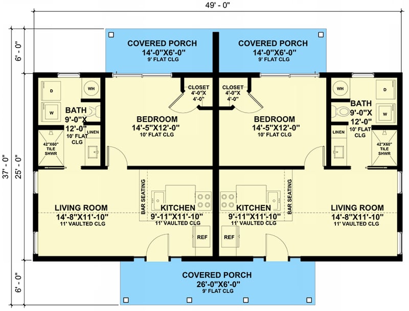 Plan 420145WNT: Country Ranch Duplex Home Plan with 1-Bed Units - 612 Sq Ft Each - Floor Plan - Main Level - Cottage, Country, Modern Farmhouse, Traditional