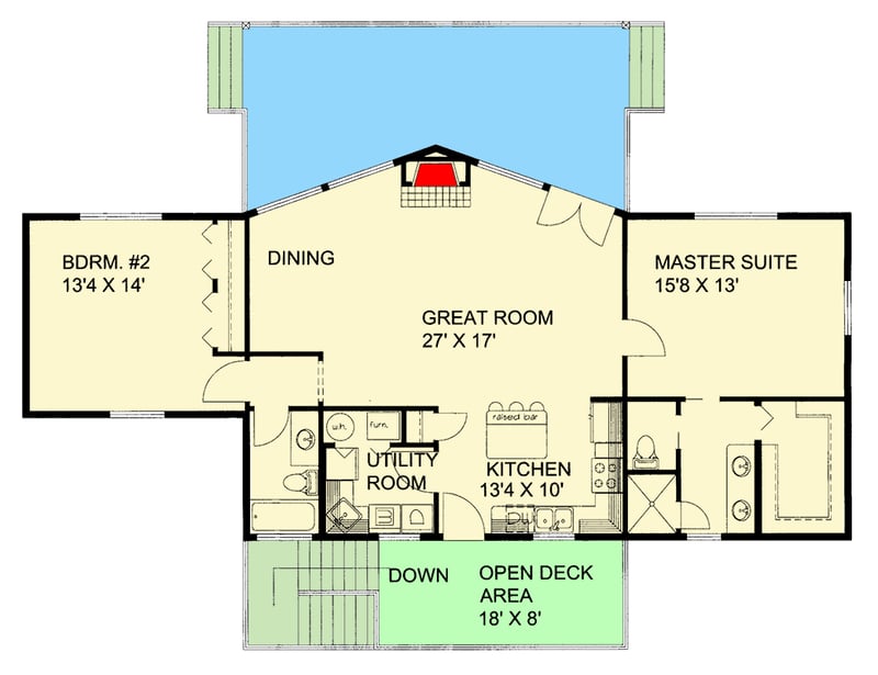Plan 350065GH: 2-Bed Traditional 2-Car Drive Under Garage on a Sloping Lot - 1366 Sq Ft - Floor Plan - Main Level - Traditional