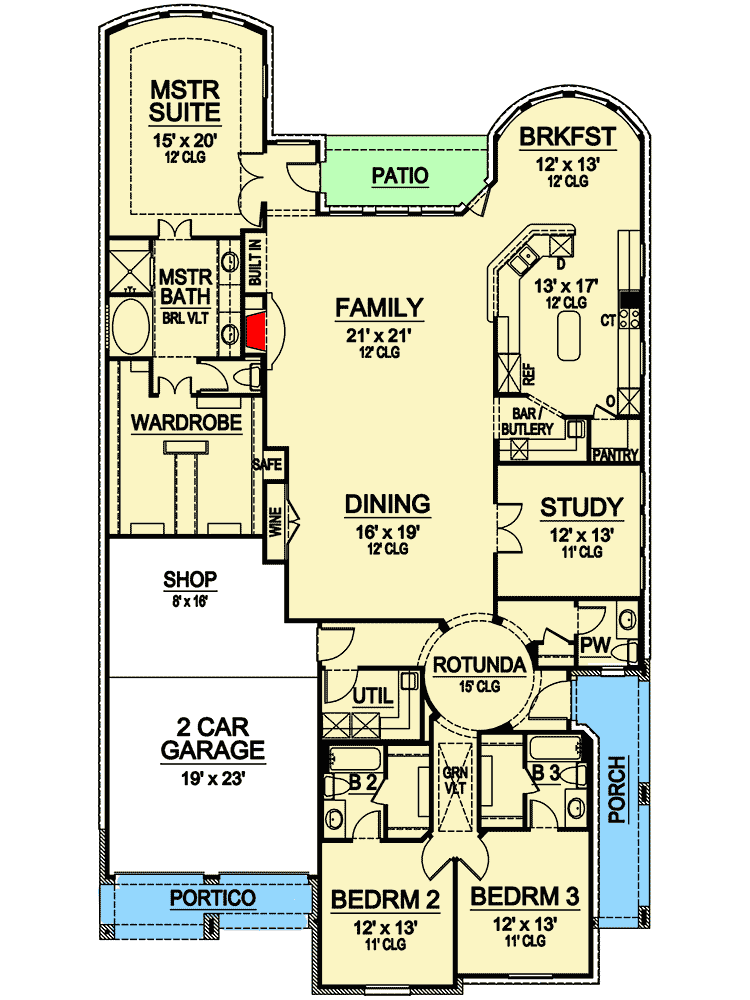 Plan 36300TX: Rotunda with 15' Ceiling - Floor Plan - Main Level - European