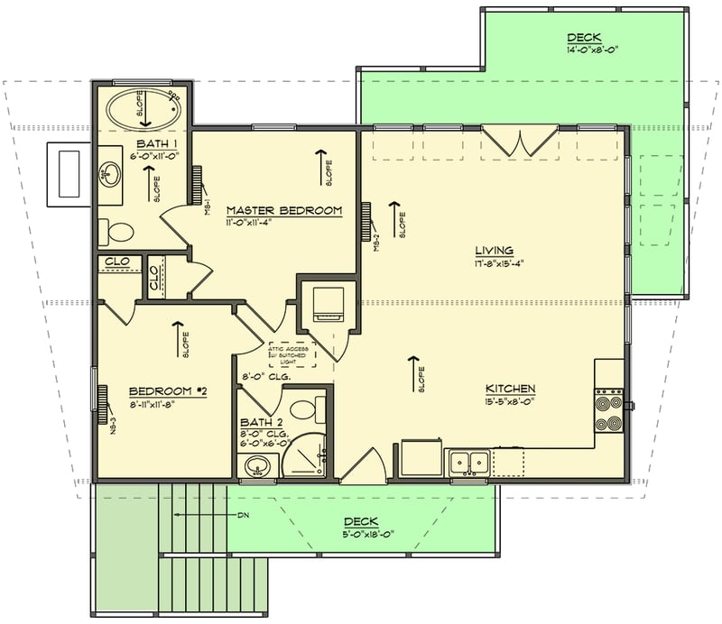 Plan 461042DNN: 2-Bed Modern Low Country Cabin with Vaulted Ceilings - 884 Sq. Ft. - Floor Plan - Main Level - Cabin, Coastal, Cottage, Low Country