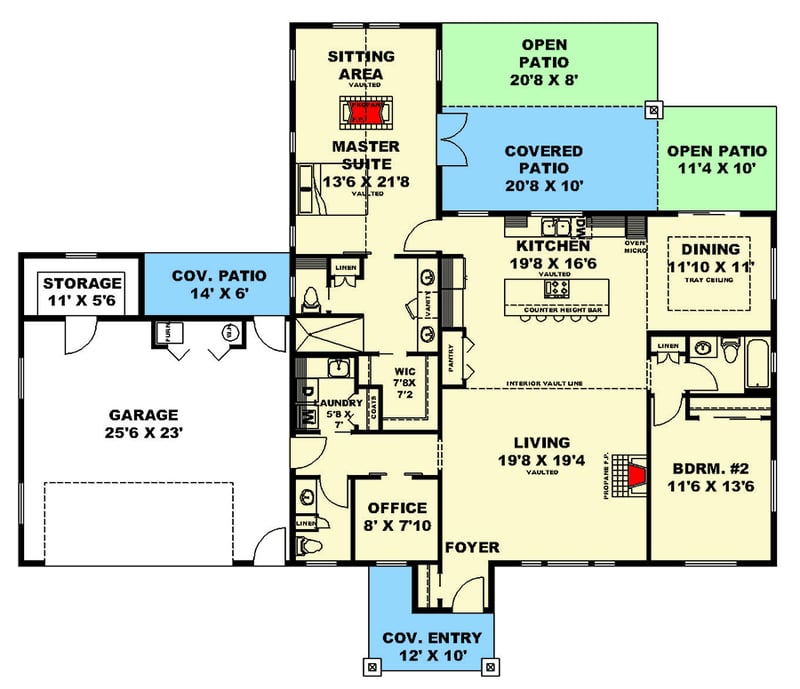 Plan 350073GH: 2-Bed Country Ranch Home Plan with Pocket Office and Master Suite Sitting Area - 1,877 Sq Ft - Floor Plan - Main Level - Country, Craftsman, Ranch