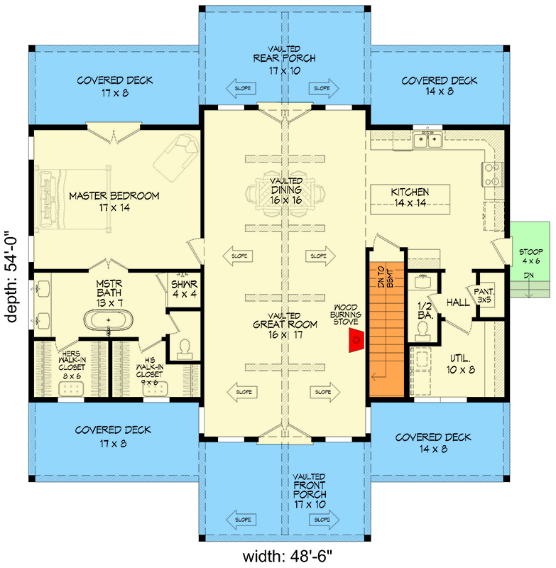 Plan 680356VR: 3-Bed Coastal Craftsman with Vaulted Great Room and Stacked Porches - 2924 Sq Ft - Floor Plan - Main Level - Coastal, Craftsman, Vacation