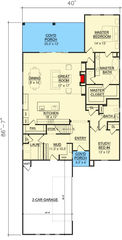 Plan 421560CHD: Two Story Narrow Lot Home Plan with Flex Room and Loft - 2806 Sq Ft - Floor Plan - Main Level - New American, Traditional