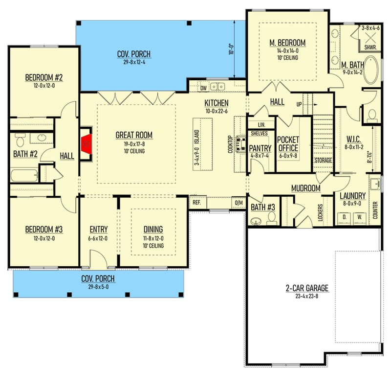 Plan 310001GLH: 3-Bed Transitional-Style Modern Farmhouse with Home Office and Bonus Room - 2215 Sq Ft - Floor Plan - Main Level - Country, Modern Farmhouse, Transitional