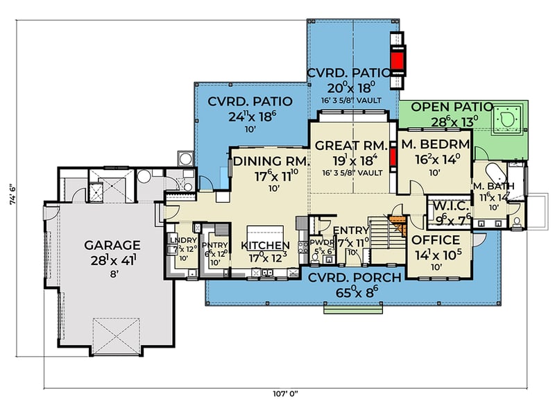 Plan 280210JWD: 4-Bed Modern Farmhouse with Two Story Great Room and Outdoor Fireplace - 4787 Sq Ft - Floor Plan - Main Level - Country, Farmhouse, Modern Farmhouse, Mountain