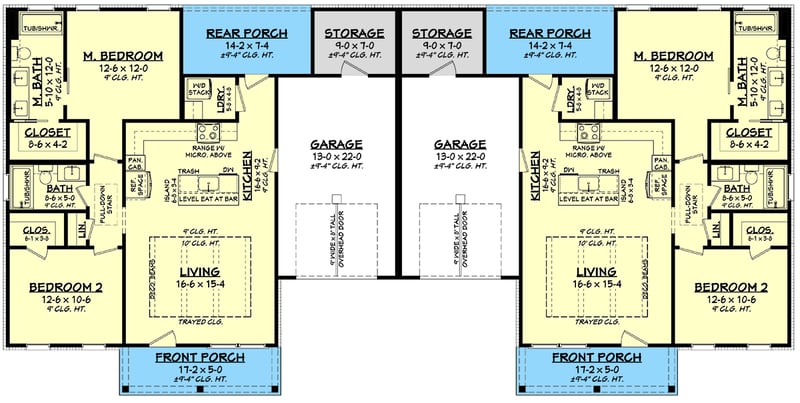 Plan 51967HZ: Craftsman Cottage Duplex House Plan with Mirrored 2-Bed 2-Bath - 1048 Sq Ft Per Unit - Floor Plan - Main Level - Cottage, Country, Craftsman, Farmhouse