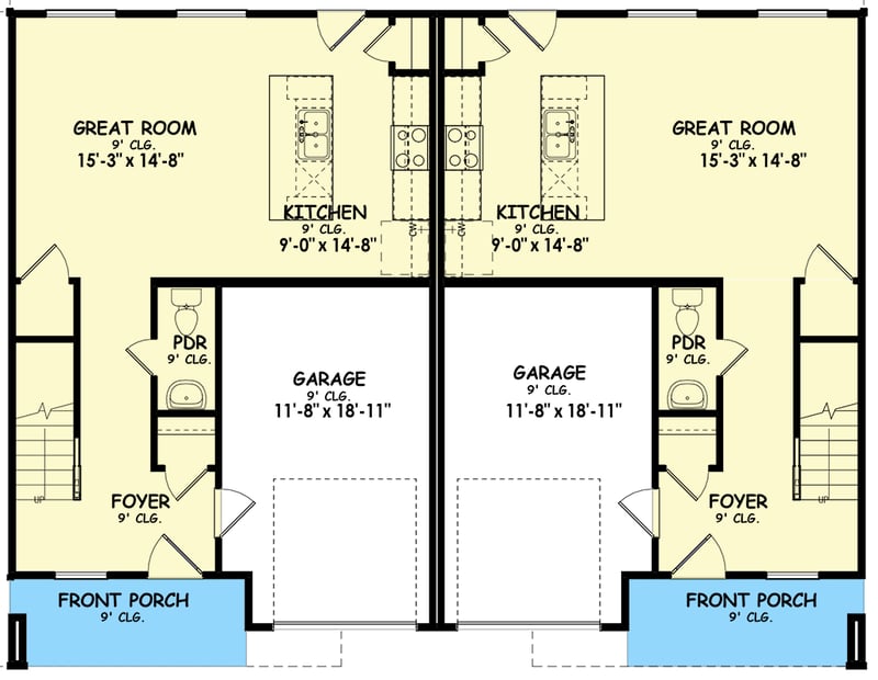 Plan 100327GHR: New American-Style Traditional Duplex with Matching 3-Bed 1300 Sq Ft Units - Floor Plan - Main Level - Contemporary, New American, Transitional