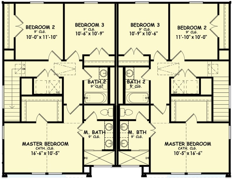 Plan 100327GHR: New American-Style Traditional Duplex with Matching 3-Bed 1300 Sq Ft Units - Floor Plan - 2nd Floor - Contemporary, New American, Transitional