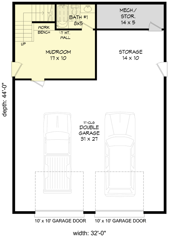 Plan 680360VR: 2-Car Barn-Style Garage with Loft and Workshop - 1243 Sq Ft - Floor Plan - Main Level - Country