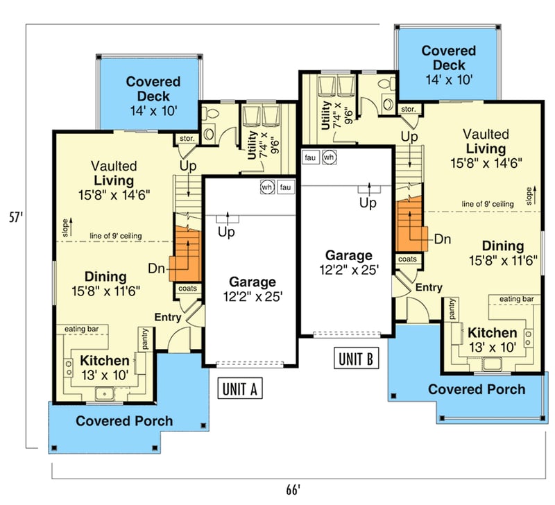 Plan 72419DA: Traditional Duplex-Family Home Plan with Vaulted Living Rooms - 1814 Sq Ft Per Unit - Floor Plan - Main Level - Traditional