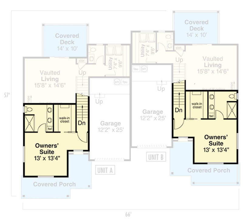 Plan 72419DA: Traditional Duplex-Family Home Plan with Vaulted Living Rooms - 1814 Sq Ft Per Unit - Floor Plan - 2nd Floor - Traditional