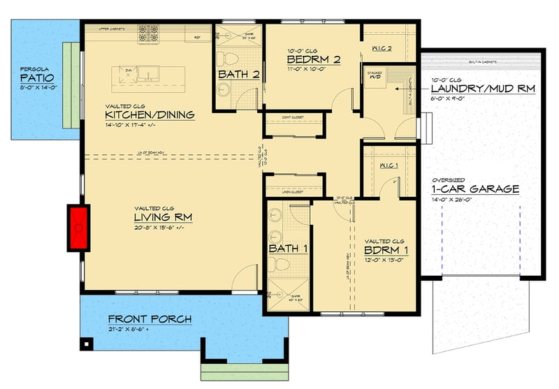 Plan 666274RAF: 2-Bed New American Cottage with Vaulted Living Space and Patio Area - 1300 Sq Ft - Floor Plan - Main Level - Cottage, New American