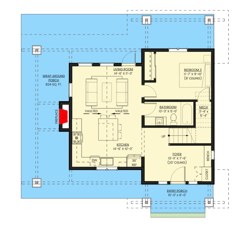 Plan 330021WLE: 2-Bed Rustic Cottage with 3-Sided Wraparound Porch and L-Shape Kitchen Under 1000 Square Feet - Floor Plan - Main Level - Cottage, Country, Mountain, Rustic, Vacation