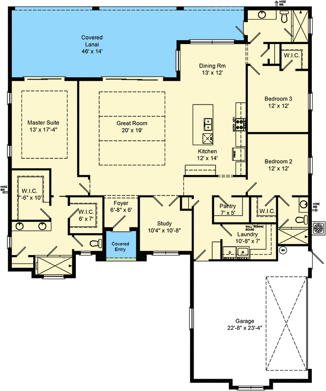 Plan 64337BT: 3-Bed Florida Home Plan with Study and Covered Lanai - 2424 Sq Ft - Floor Plan - Main Level - Florida-Style, Ranch