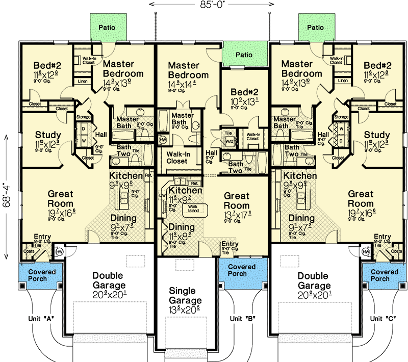 Plan 48625FM: Ranch Triplex Home Plan with Subtly Different Unit Layouts - Floor Plan - Main Level - Ranch, Traditional