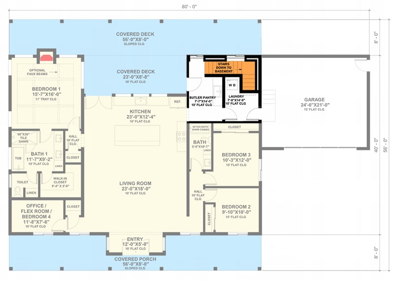 Plan 420156WNT: 3-Bed Modern Farmhouse Plan with a 2-Car Garage - 2100 Sq Ft - Floor Plan - Basement Stairs Location - Country, Farmhouse, Modern Farmhouse, New American, Ranch