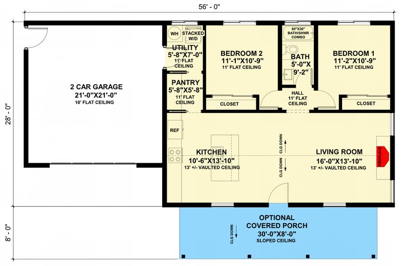 Plan 420157WNT: 2-Bed Farmhouse-Style ADU with 2 Car Garage - 980 Sq Ft - Floor Plan - Main Level - Cabin, Cottage, Farmhouse, Modern Farmhouse, New American, Traditional