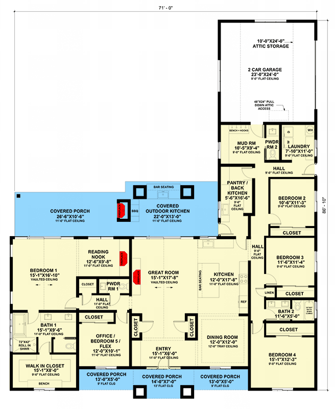 Plan 420160WNT: 4 or 5 Bed Modern Ranch House Plan with Outdoor Fireplace - 3011 Sq Ft - Floor Plan - Main Level - Contemporary, Modern Farmhouse, New American, Ranch