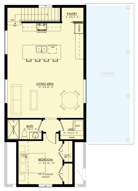 Plan 270104AF: 1-Bed Traditional-Style Carriage House with Carport - 893 Sq Ft - Floor Plan - 2nd Floor - Carriage, European, Traditional