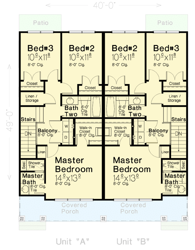 Plan 48630FM:  Traditional 2-Story Duplex House Plan with Detached Garage - 1473 Per Unit - Floor Plan - 2nd Floor - Country, Traditional