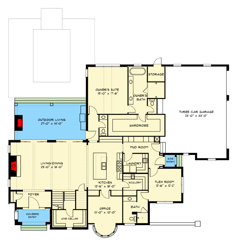 Plan 93212EL: Two-Story Transitional House Plan with Game Room Above - 4276 Sq Ft - Floor Plan - Main Level - European, Transitional, Tudor