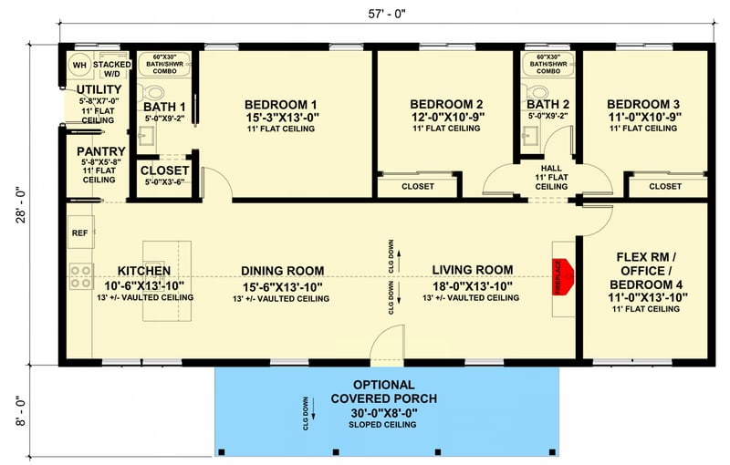 Plan 420161WNT: 3-Bed Farmhouse-Style Home Plan with Flex Room - 1596 Sq. Ft. - Floor Plan - Main Level - Cabin, Cottage, Farmhouse, Modern Farmhouse, New American