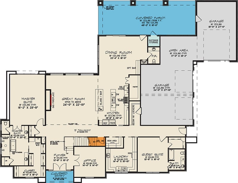 Plan 70888SND: 6-Bed Contemporary Country Home Plan with Two Kitchen Islands - 5470 Sq Ft - Floor Plan - Main Level - Contemporary, New American, Transitional