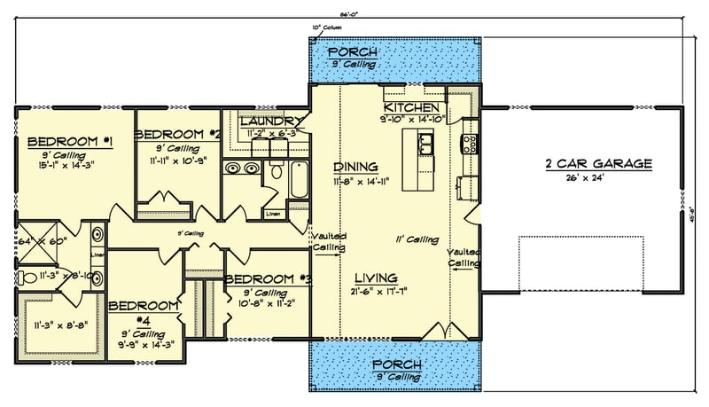 Plan 52362WM: 4-Bed Traditional Ranch House Plan with Clustered Beds - 1931 sq Ft - Floor Plan - Main Level - Country, Craftsman, Ranch, Traditional