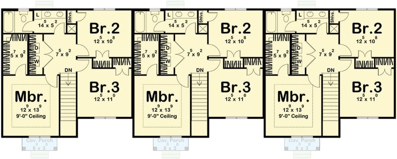 Plan 623394DJ: Triplex House Plan with Side-By-Side 3-Bedroom Units - 1277 Sq Ft Each - Floor Plan - 2nd Floor - Modern Farmhouse, New American, Traditional