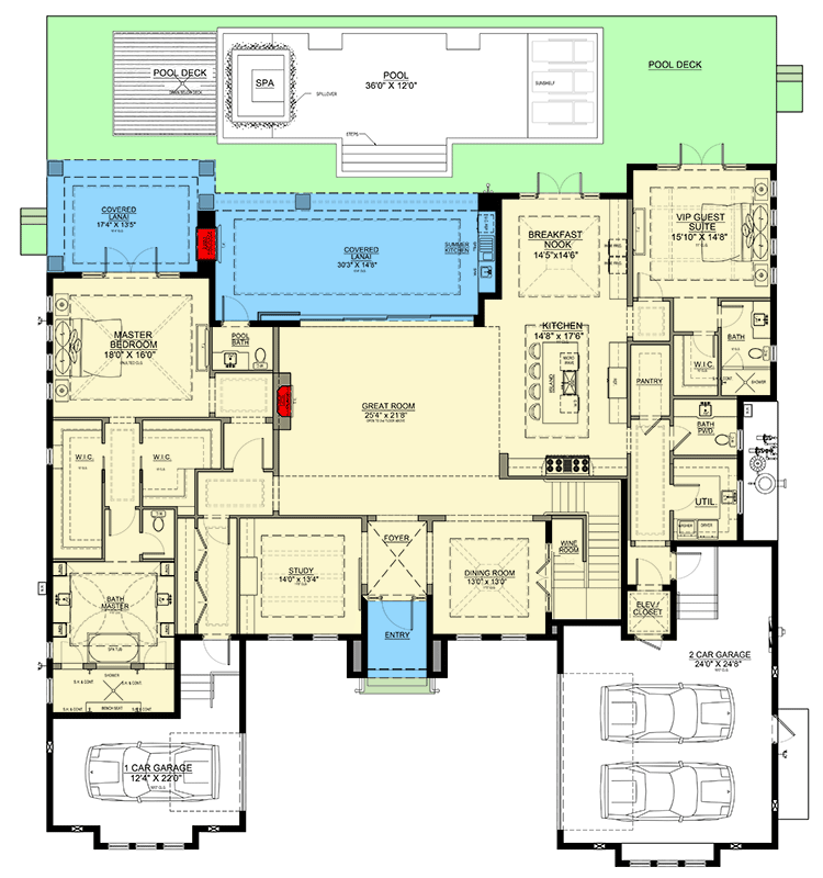 Plan 31858DN: 5-Bed Florida-Style House Plan with Outdoor Covered Patio - 5239 Sq Ft - Floor Plan - Main Level - Coastal, Coastal Contemporary, Florida-Style