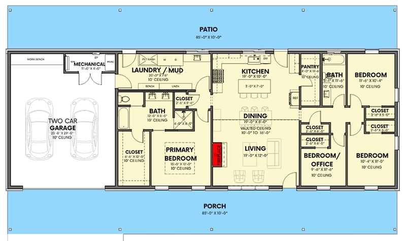 Plan 380019ASH: 1850 Square Foot Rustic Mountain Ranch House Plan with 2-Car Garage - Floor Plan - Main Level - Country, Craftsman, Mountain, Ranch, Rustic