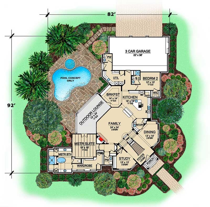 Plan 36431TX: Luxury Home With Outdoor Lounge - Floor Plan - Main Level - European, French Country