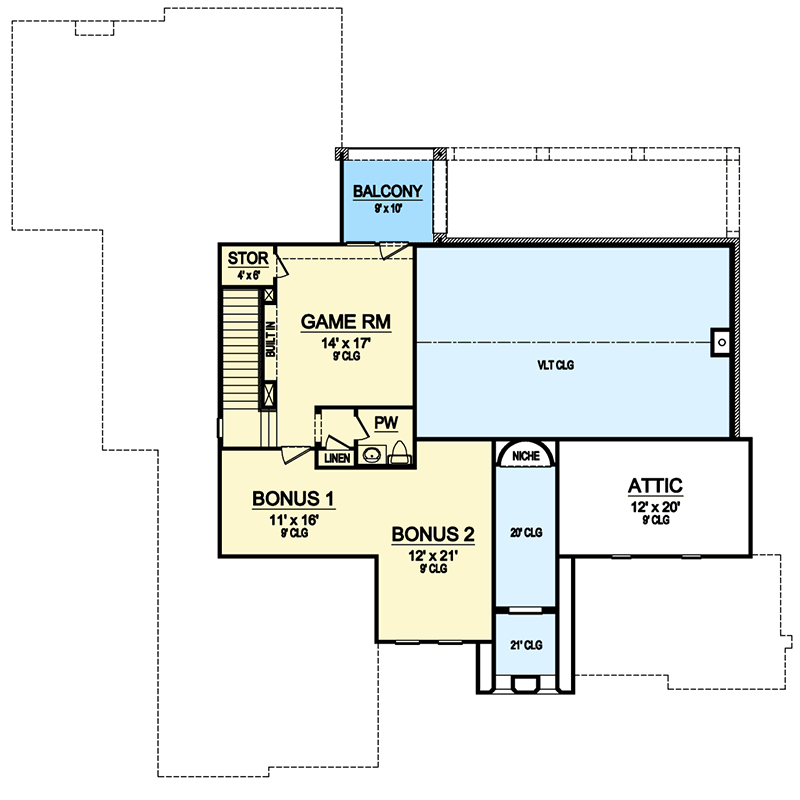 Plan 36432TX: 4-Bed European-style Home Plan with Upstairs Game Room and Two Bonus Rooms - Floor Plan - 2nd Floor - European, Traditional