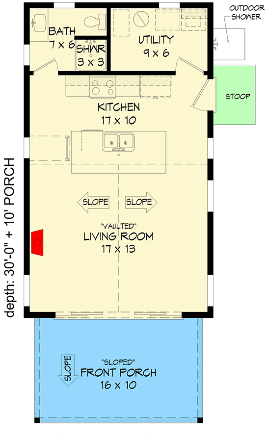 Plan 680372VR: Country Cottage House Plan with Great Room and Loft - 817 Sq Ft - Floor Plan - Main Level - Country, Traditional