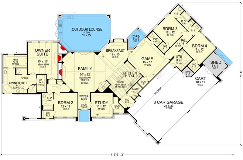Plan 36438TX: Elegant French Country House Plan with Outdoor Lounge and 3-Car Angled Garage - Floor Plan - Main Level - European, French Country