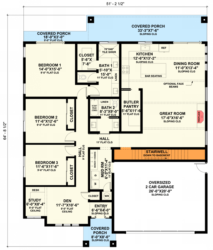 Plan 420166WNT: 3-Bed Mid Century Modern Home Plan with Den and Study Area- 2049 Sq Ft - Floor Plan - Basement Stairs Location - Mid Century Modern, Modern