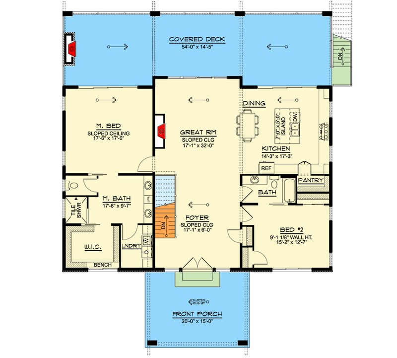 Plan 135259GRA: Modern Mountain-Style House Plan with Lower Level Expansion - 2034 Sq Ft - Floor Plan - Main Level - Contemporary, Mid Century Modern, Modern, Mountain, Vacation